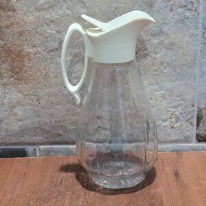 Vintage Glass Syrup Carafe Dispenser Pitcher Plastic Lid Handle